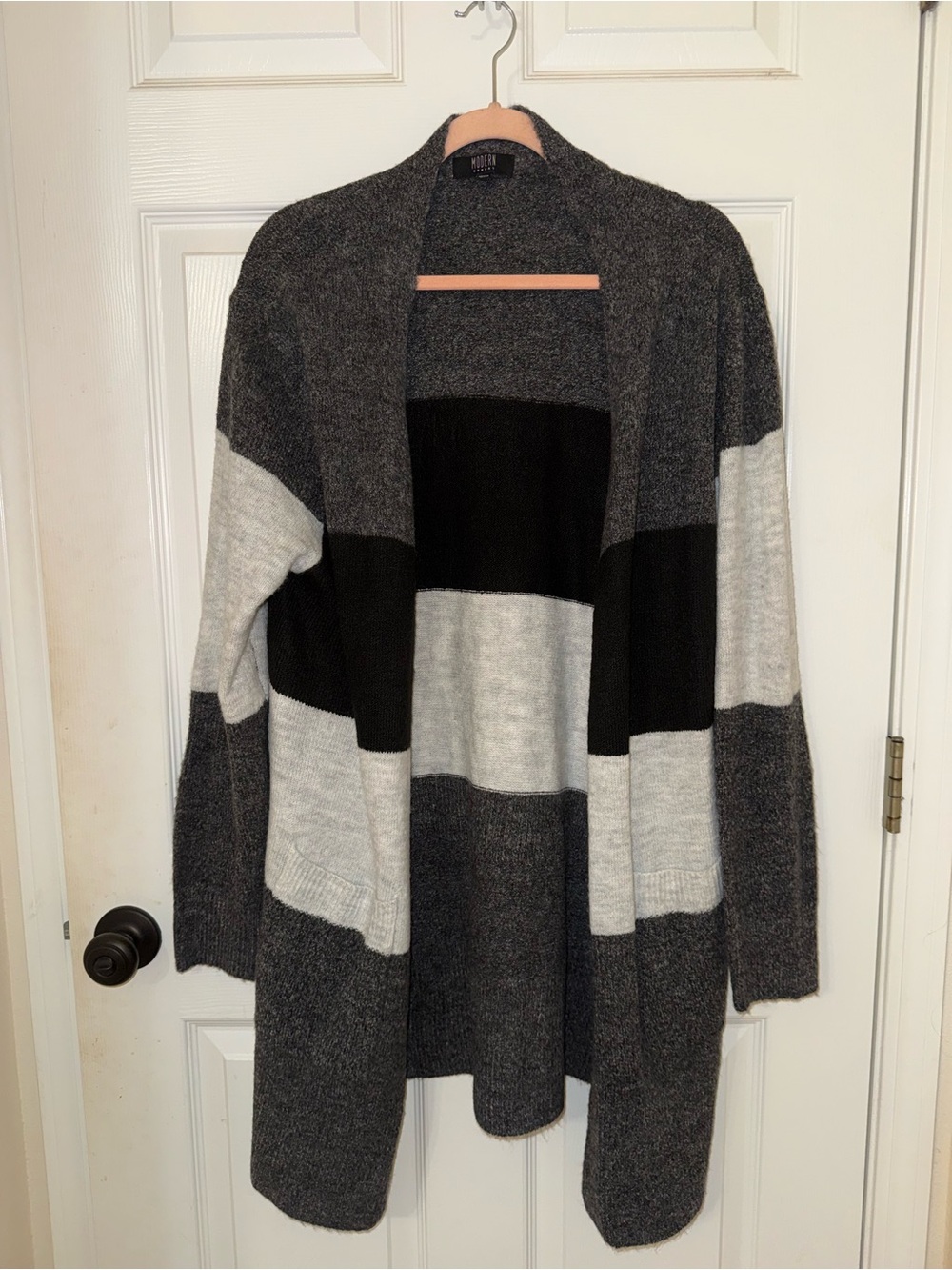Cozy Open-Front Striped long Cardigan Sweater - Gray/Black/Cream